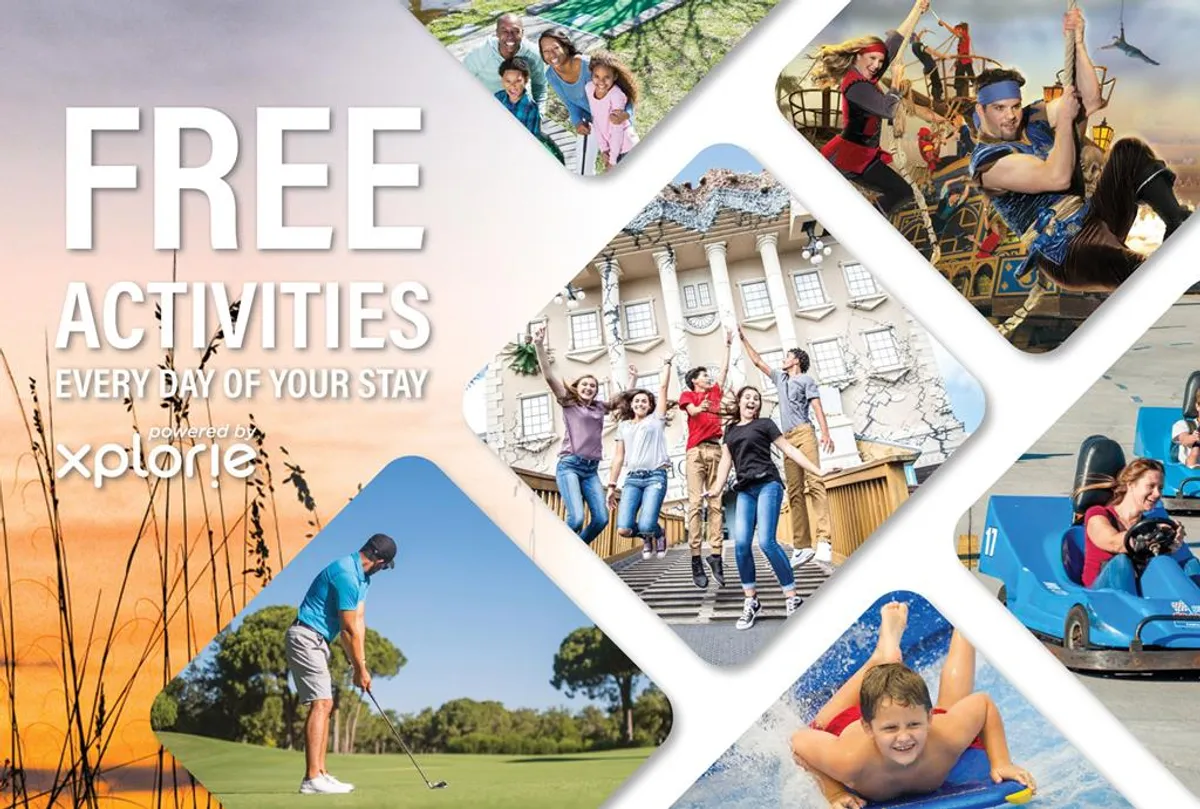 A compilation of family activities, including golfing, amusement rides, water sports, and exploration, set against vibrant backdrops. The image conveys adventure and fun for all ages, reflecting the diverse entertainment options available through the Free Fun Program.